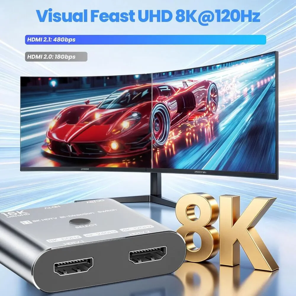 HDMI 2.1 Switch 8K@120Hz 4K@240Hz 2x1 Bi-Directional VRR HDR10+ Splitter PS5